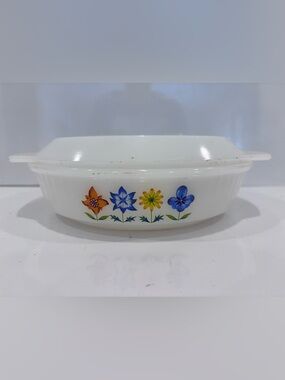 Vintage Glass Phoenix Opalware Dish White Folk Floral 8"